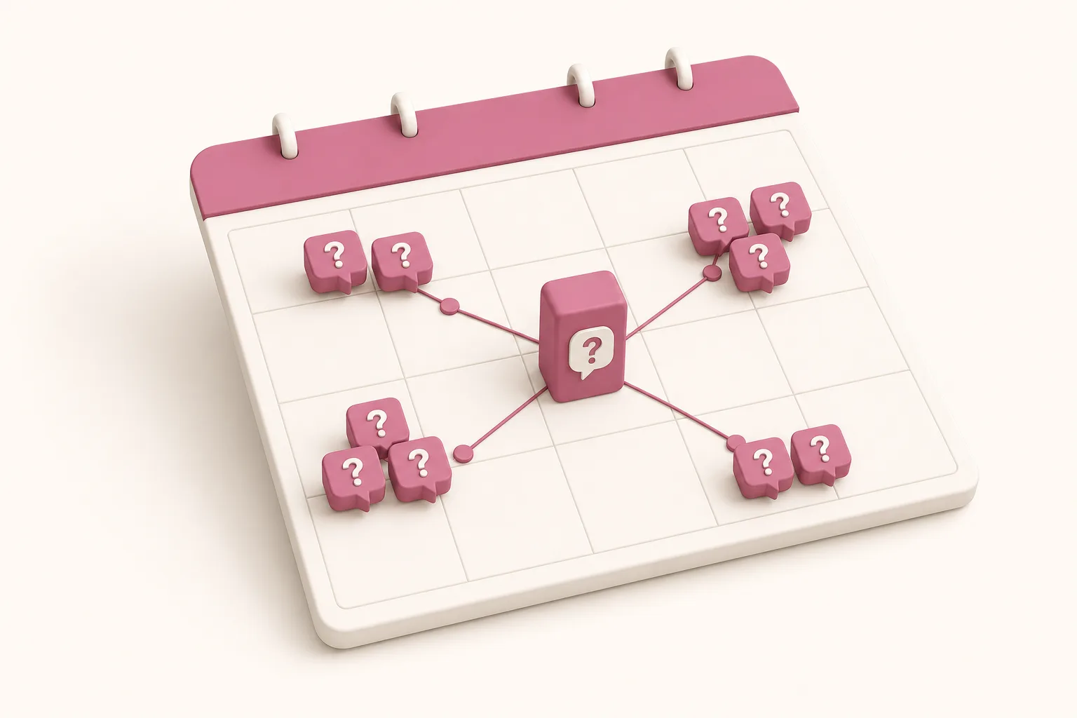 Ilustração isométrica de um calendário mensal com balões de pergunta em algumas células agrupadas e ligadas a um bloco central, sobre fundo bege