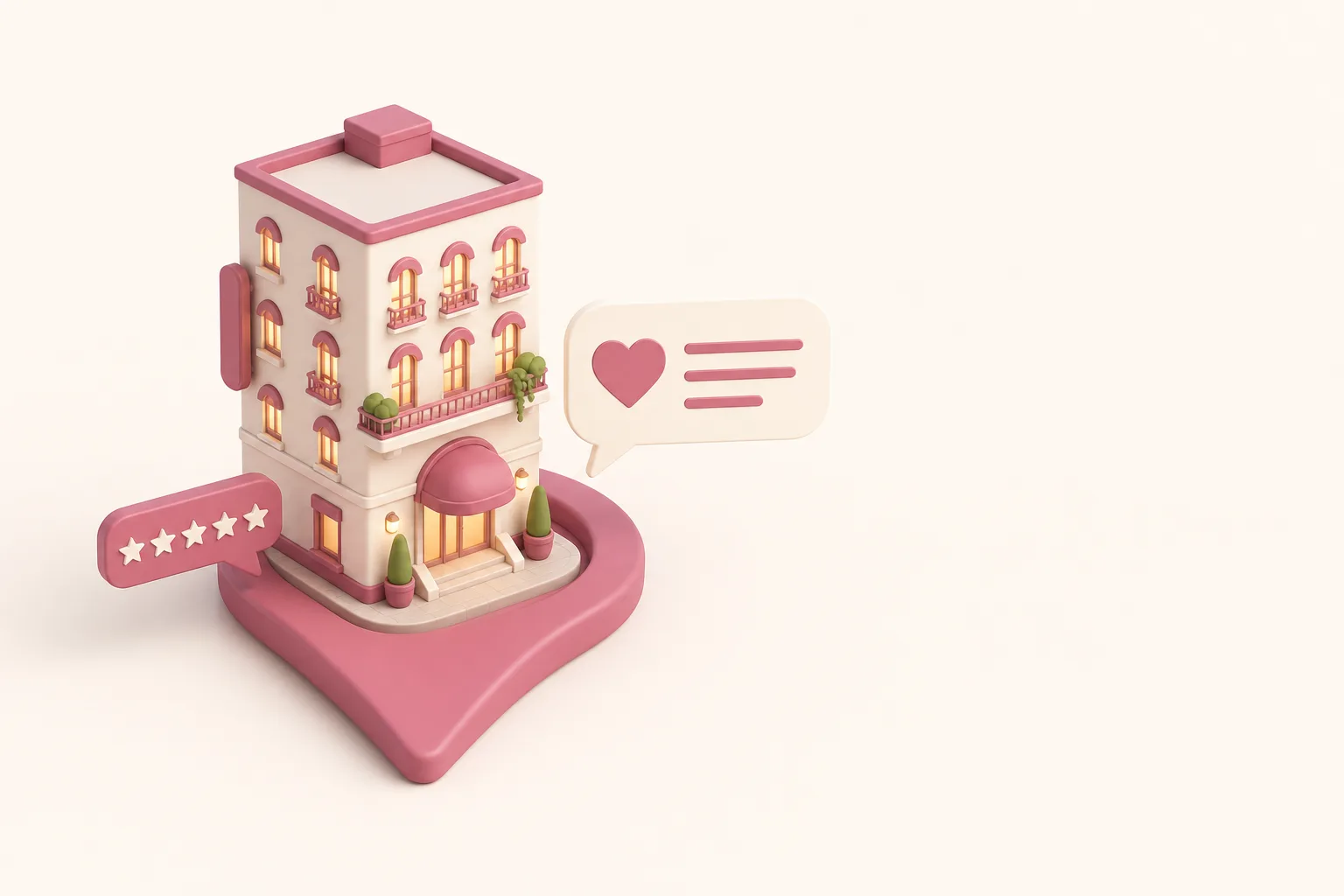 Ilustração isométrica de um pequeno hotel sobre um pino de localização com selo de estrelas de avaliação e um balão de resposta de IA recomendando, sobre fundo bege