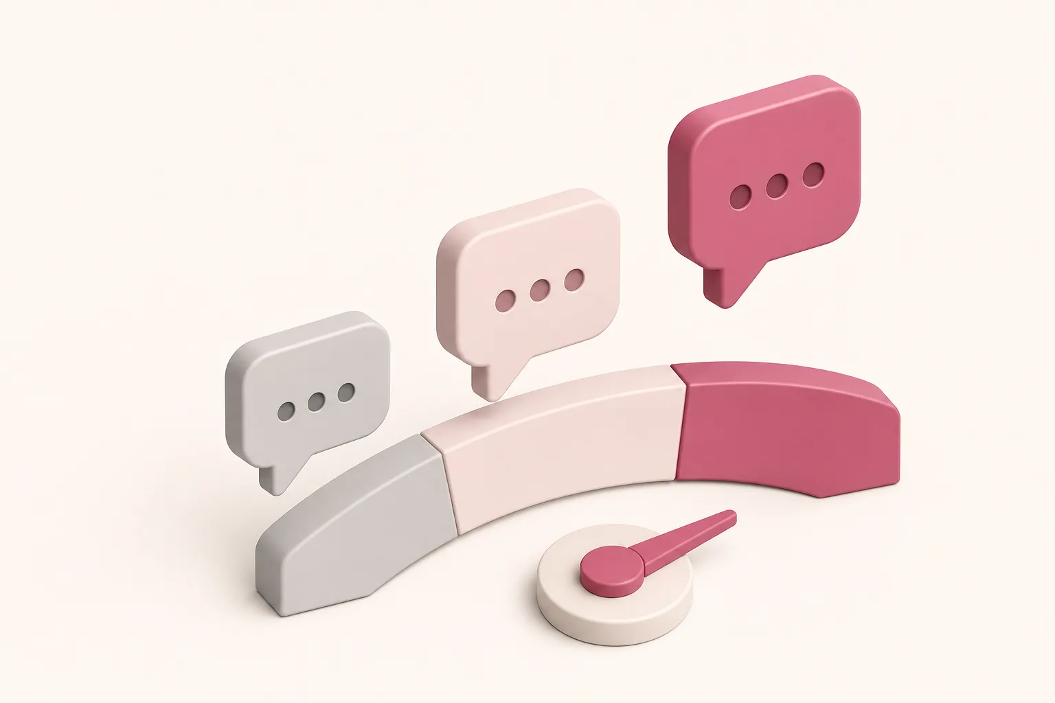 Ilustração editorial isométrica de três balões de conversa da mesma marca ao longo de um medidor de três zonas que vai do tom apagado ao rosa quente, representando sentimento negativo, neutro e positivo, com um pequeno ponteiro