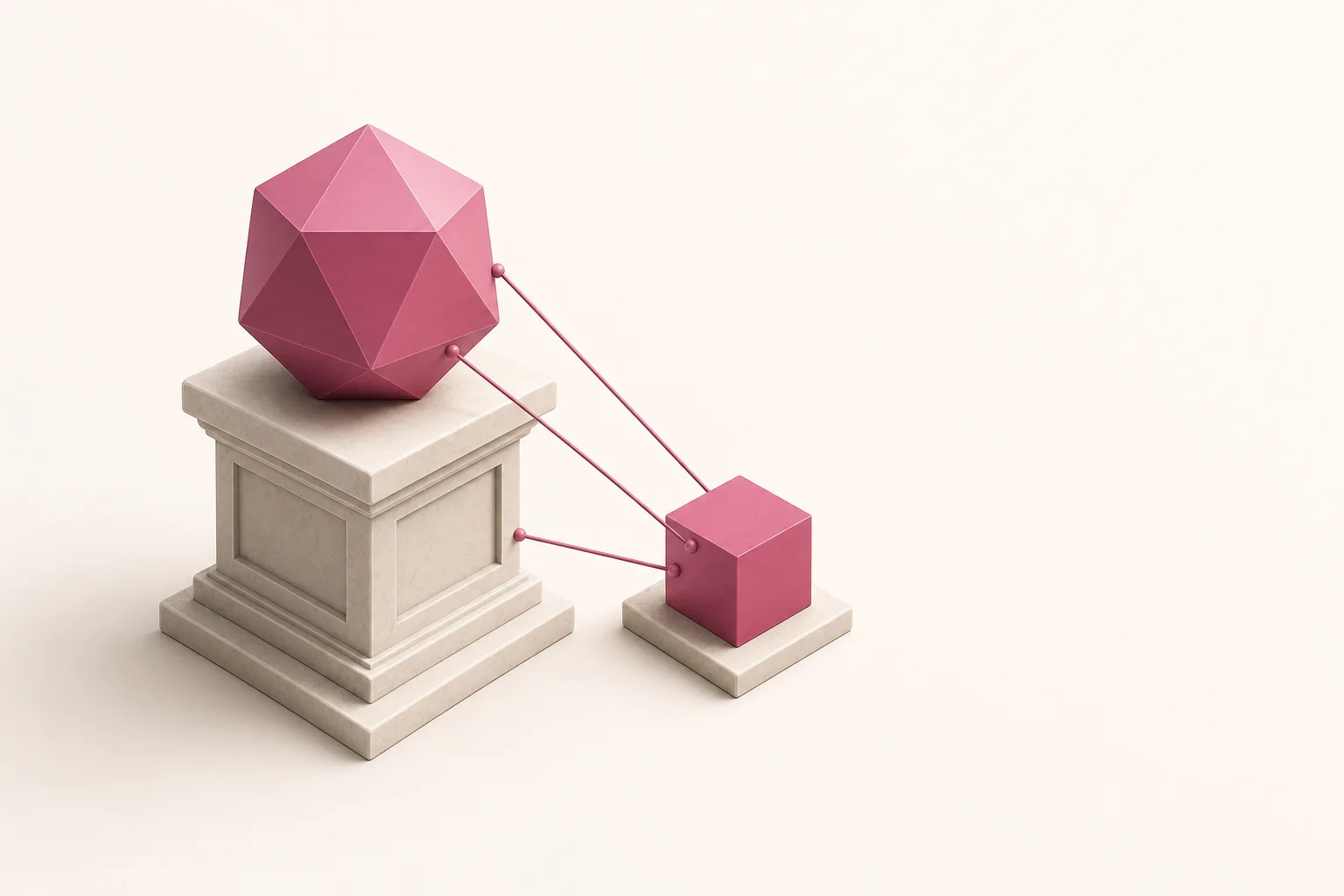 Ilustração isométrica de um pedestal de pedra sustentando um nó de entidade ligado a um cubo de marca, sobre fundo bege
